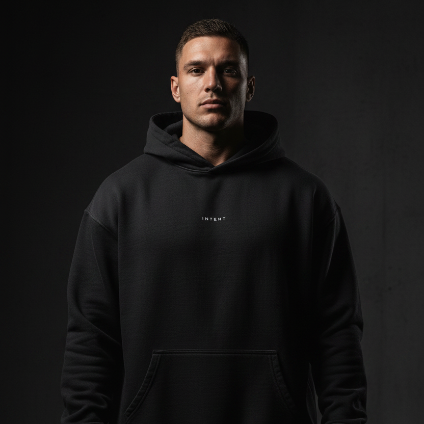 INTENT Retro Hoodie – Muscular Model Dark Moody